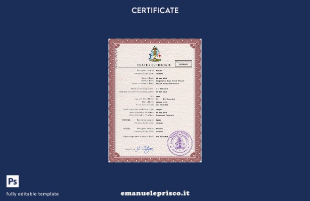 modello PSD del certificato di morte dei documenti di stato civile delle Bahamas